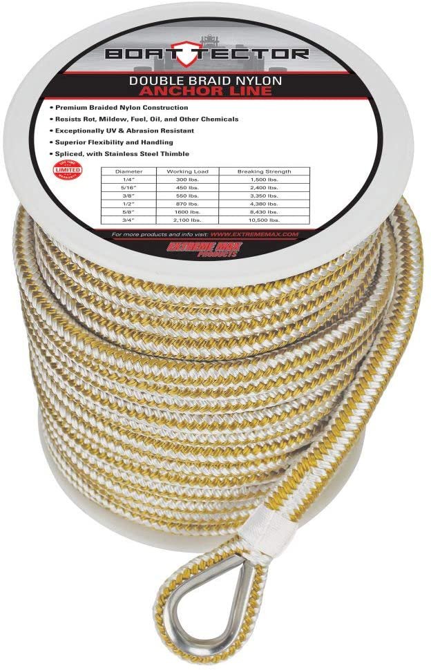 Extreme Max 3006.2258 BoatTector Premium Double Braid Nylon Anchor Line with Thimble - Best Anchor Rope